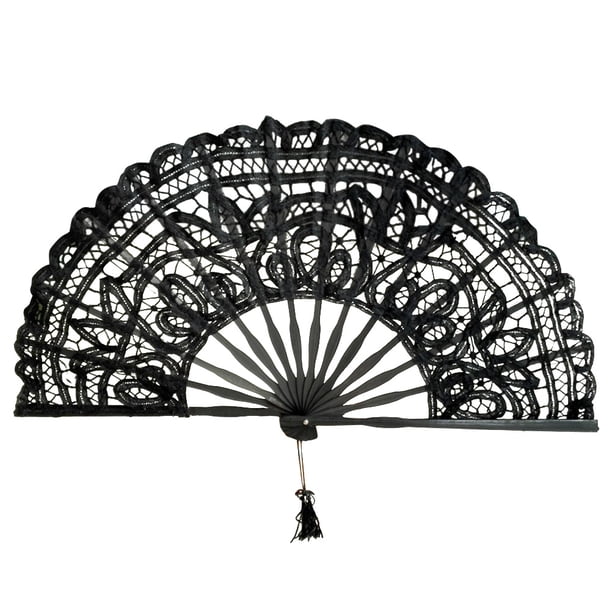 FELTECHELECTR Abanico vintage de bambú y algodón, plegable, con encaje, regalo elegante para mujeres (negro)