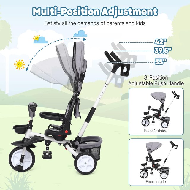 OUYAWEI Tricycle Pliable pour Bébé, 7 en 1 Poussette, Tricycle avec Harnais de Sécurité, Poignée de Poussée Réglable, Panier de Rangement, Porte-Gobelet, Tricycle pour 1-5 Ans, Gris