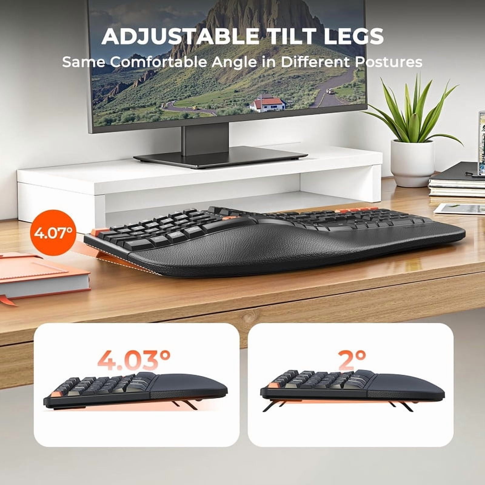 MEETION Ergonomic Keyboard and Mouse, 2.4G Wireless/Bluetooth Split Keyboard with Cushioned Palm Rest, 4 DPI Adjustable Mouse, Full Size Multi-Device Keyboard for Windows/Mac/PC/Laptop, Black