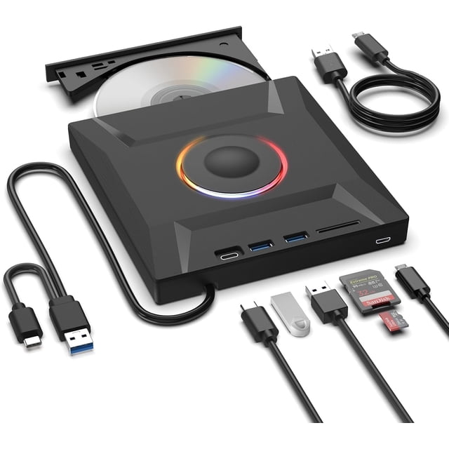 Tigebraver External CD DVD Drive, 8 in 1 USB 3.0 & Type-C Disc Reader Writer Burner, Slim Portable DVD/CD +/-RW Optical Drive for PC Laptop Desktop MacBook Mac Windows Linux, Silver