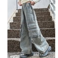 thumbnail image 4 of KVPLBQFD Girls Wide Leg Cargo Jeans Kids Elastic Waist Denim Pants Tweens Distressed Casual Trousers Trendy Streetwear Grunge Emo Clothes, 4 of 8