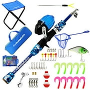 DaddyGoFish Kids Fishing Pole - Telescopic Rod & Reel Combo with Collapsible Chair, Rod Holder, Tackle Box, Bait Net and Carry Bag for Boys and Girls (Blue, 4ft)