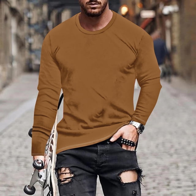 pstuiky camisetas de manga larga para hombre, Camisa de manga larga con cuello redondo, color liso, informal y cómoda para hombre. top de hombre s