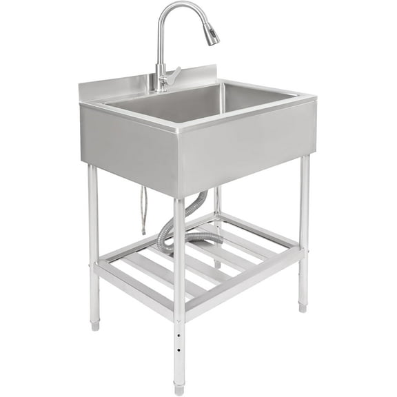 Stainless Steel Utility Sink,Freestanding Single Bowl Kitchen Sink,Commercial Restaurant Kitchen Sink with Pull-Out Faucet & Storage Shelf,Laundry Sink for Indoor Outdoor (Silver)