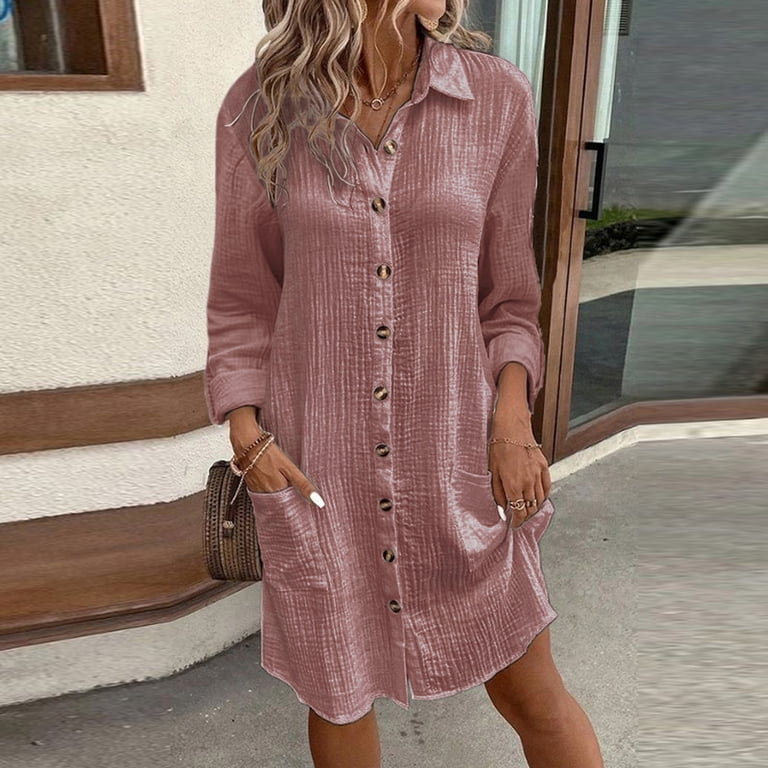 Womens Cotton Dresses Fall Button Down Lapel Collar Long Sleeve Knee Length  Tunic Shirt Midi Dress with Pockets - Walmart.com