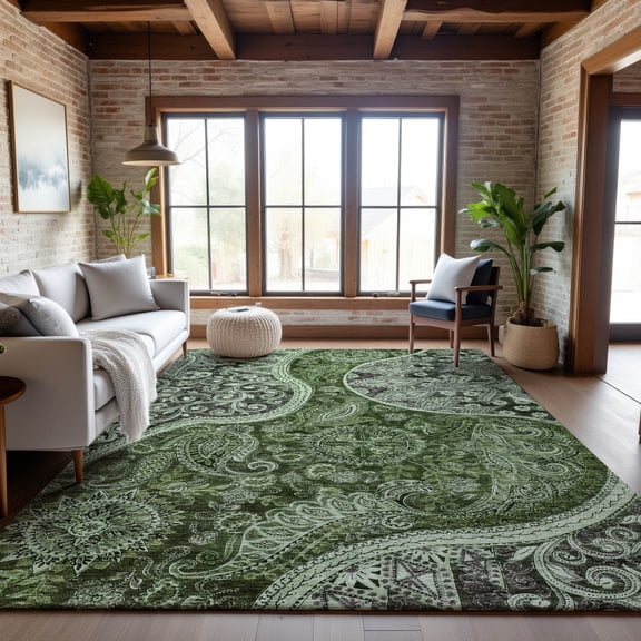 Addison Rugs Mayfield Premium Machine Washable Transitional Swirl Olive Rectangle Rug, 5' x 7'6"