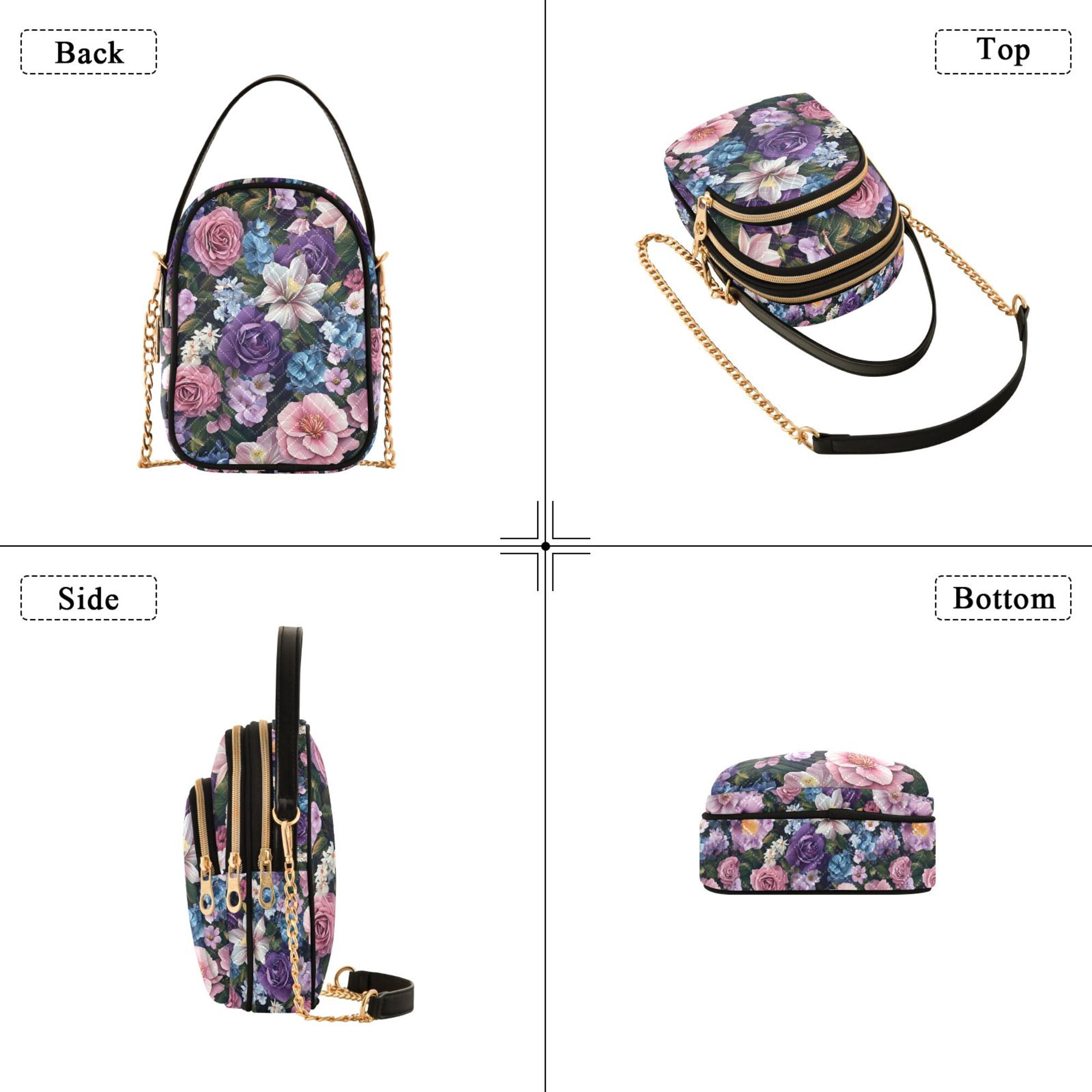 FORMRS Crossbody Bag for Women Quilted Travel Shoulder Cell Phone Purse with Chain Strap Handbag, Pink and Purple Flowers