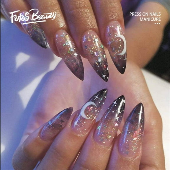 Halloween Decor Fofosbeauty 24 pcs Press on Nails, Extra Long Stiletto Nails, Halloween Moon