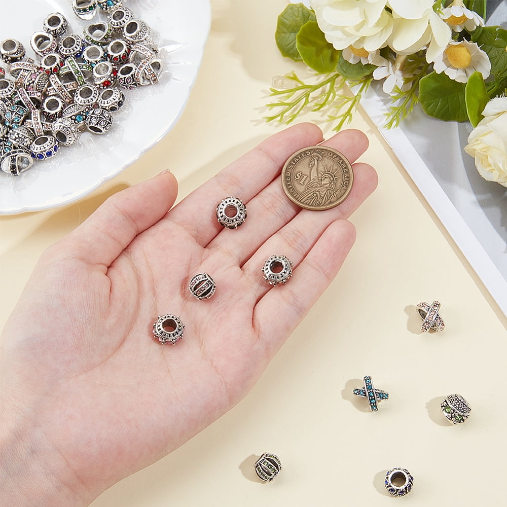 5 Styles 70PCS European Large Hole Beads Alloy Rhinestone Silver Barrel Letter X Rondelle Leaf Metal Charms Loose Spacer Bead