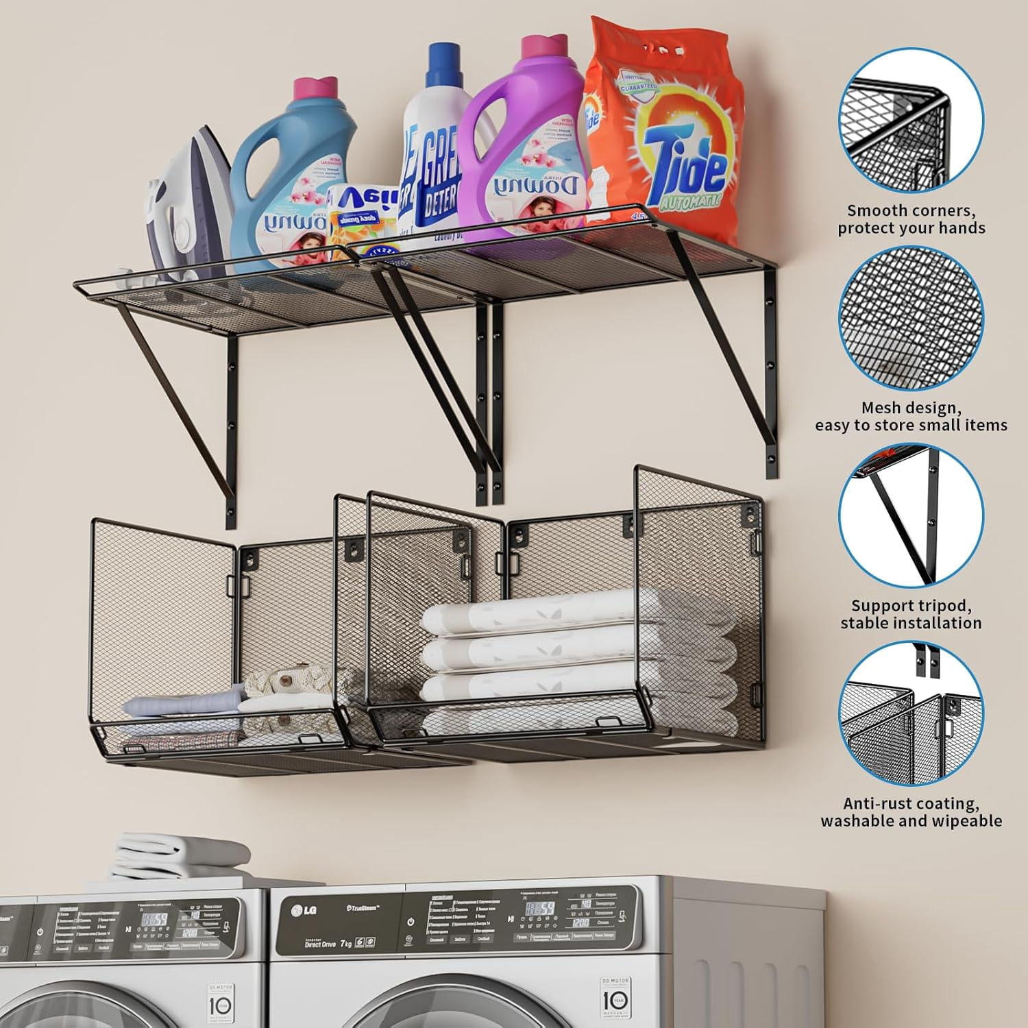 2 Pack Laundry Room Shelves Organization and Storage,Wall Mounted Clothes Drying Rack with Wire Mesh Basket Over Washer and Dryer, (Black, 2 Pack)