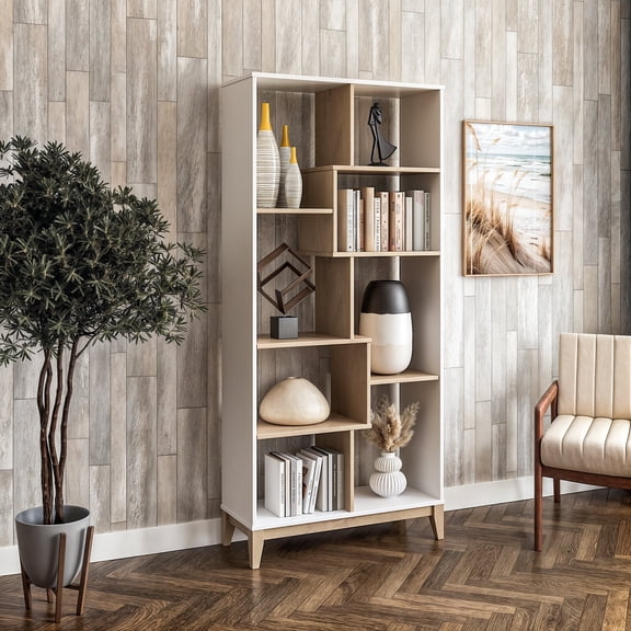Camaflexi Geometrix Bookcase & Storage Shelves for Home Office, Light Oak & White Finish, 72”