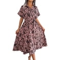 thumbnail image 3 of Women'S Summer Short Sleeve Work Dresses Tie Waist Button Down Print Midi A-Line Shirt Dress Pink M, 3 of 10
