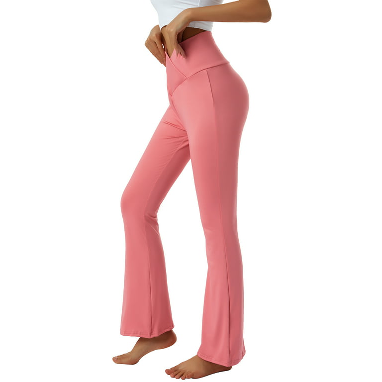 CenturyX Women Cross Waist Flare Pants High Waisted Bootcut Wide Leg  Leggings Yoga Bootleg Tummy Control Workout Pants Pink L