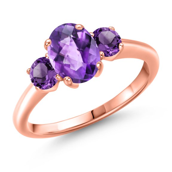 Gem Stone King 1.70 Ct Oval Checkerboard Purple Amethyst 18K Rose Gold Plated Silver Ring