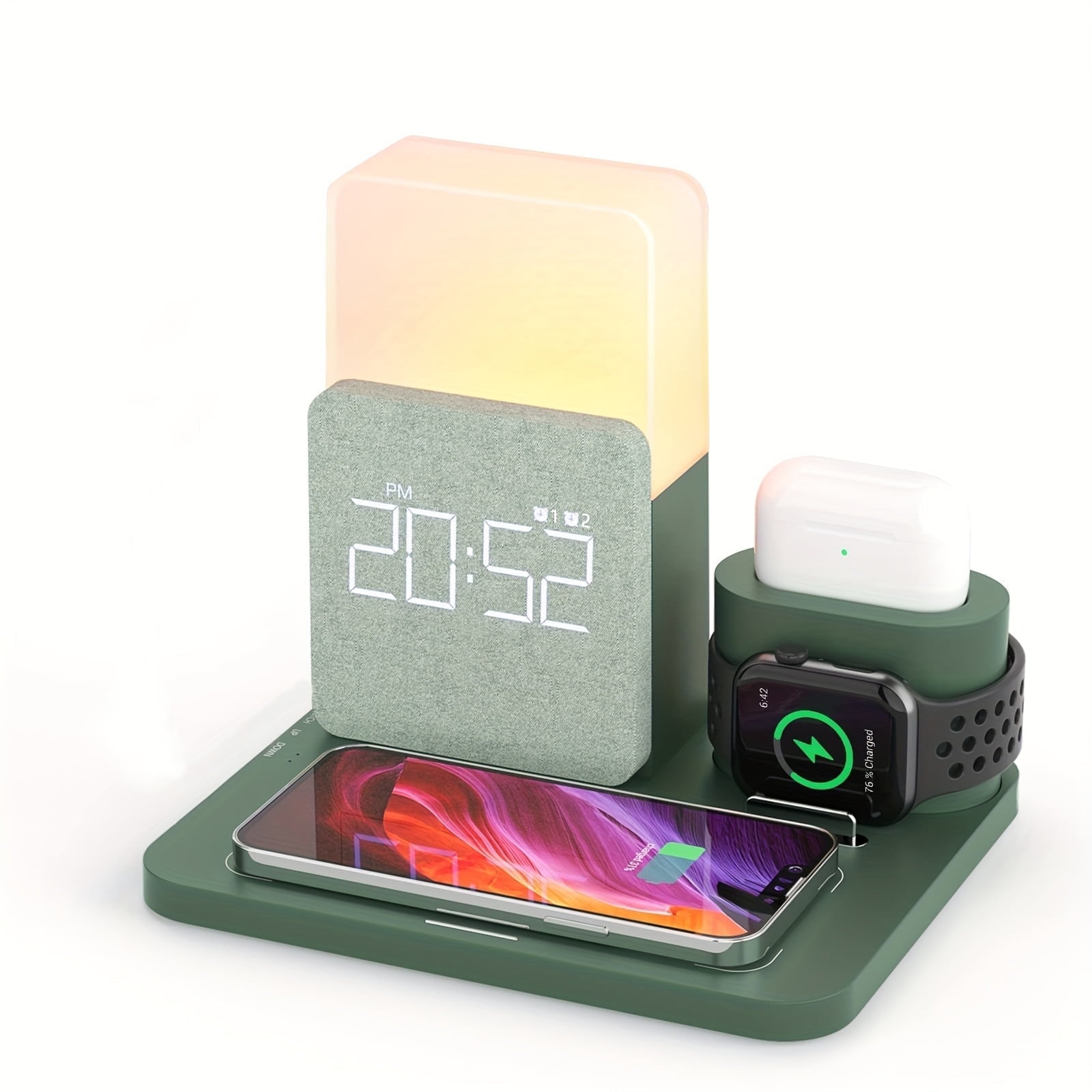 15W 3-in1 Wireless Charger Compatible iPhone 16/15/14/13/15, Apple Watch, AirPods – Fast Charging Dock w/Alarm Clock & Night Light Green