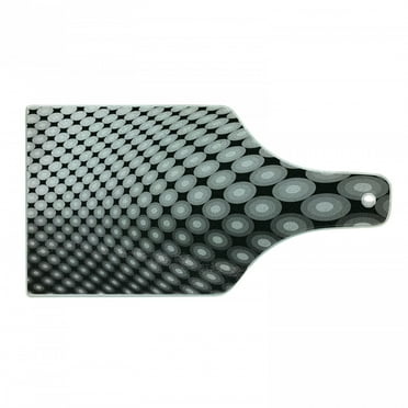 Abstract Cutting Board, Mosaic Pattern with Dots 3D Effect Digital Curvy Skewed Circular Art, Decorative Tempered Glass Cutting and Serving Board, Wine Bottle Shape, Black White Grey, by Ambesonne