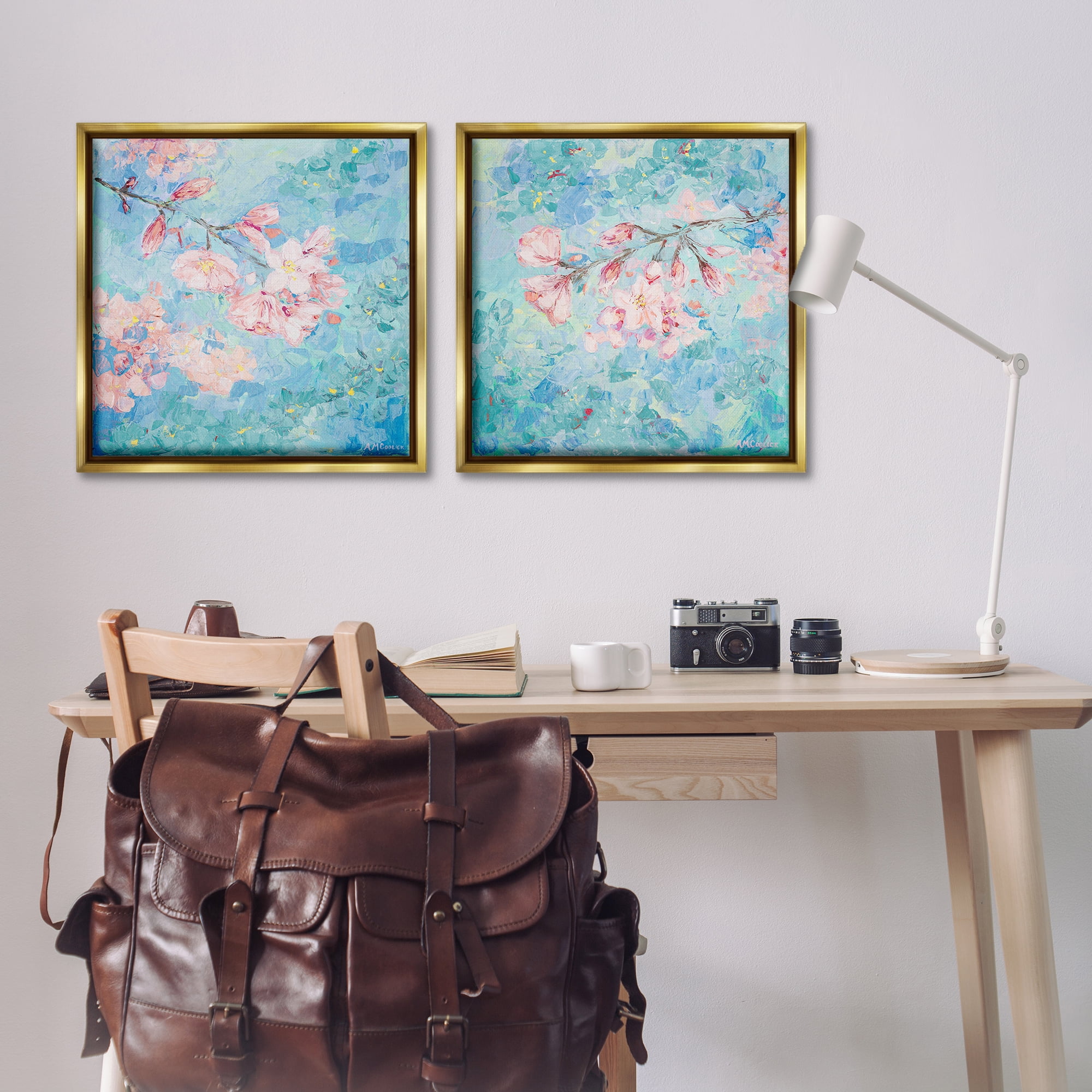 Stupell Industries Yoshino Cherry Blossoms Floral & Botanical Painting Gold Floater Framed Canvas Art Print Wall Art, 25 x 25, Set of 2