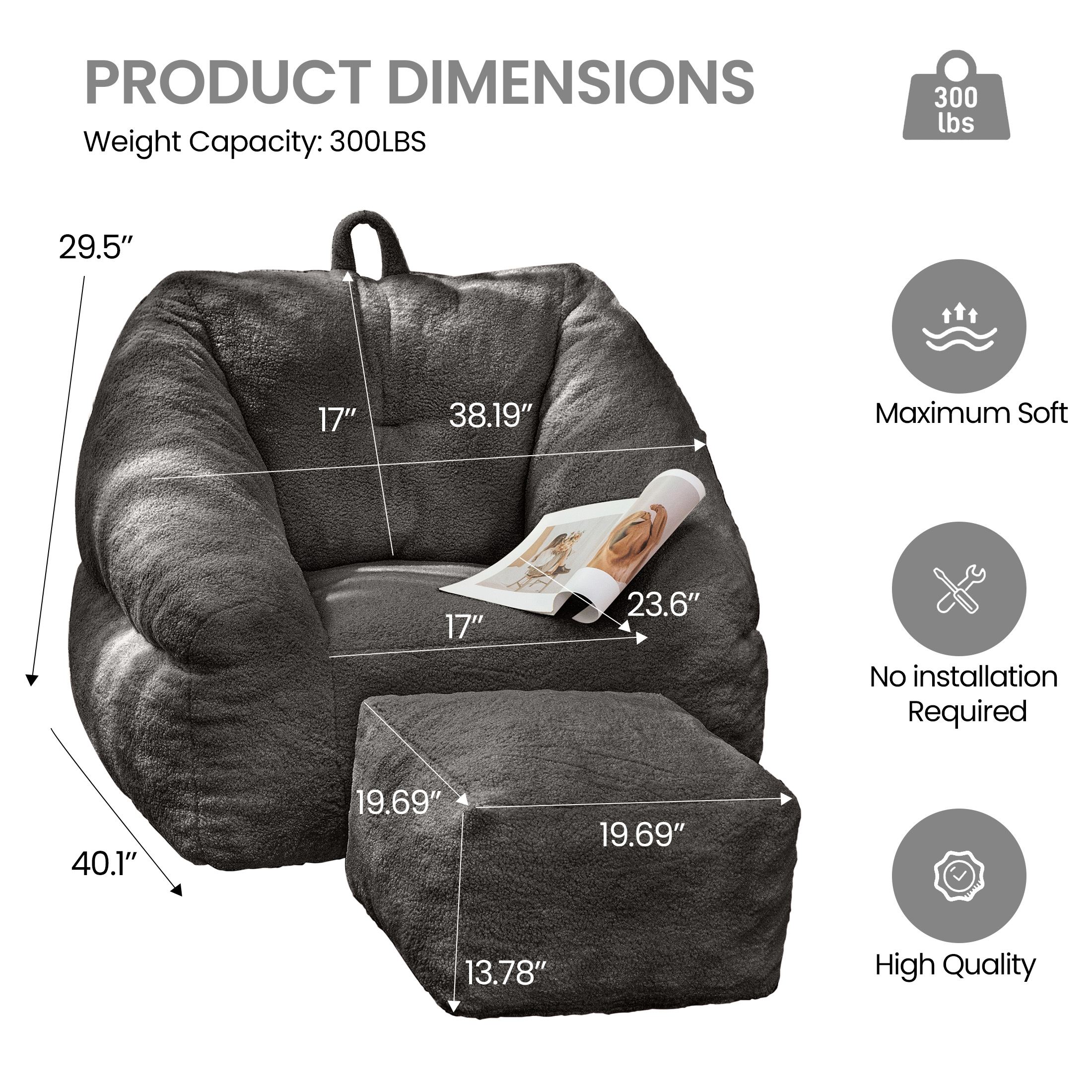 Aukfa Bean Bag Chair with Ottoman, Soft Fluffy Teddy Upholstered Pouf with Foot Rest for Living Room, Black