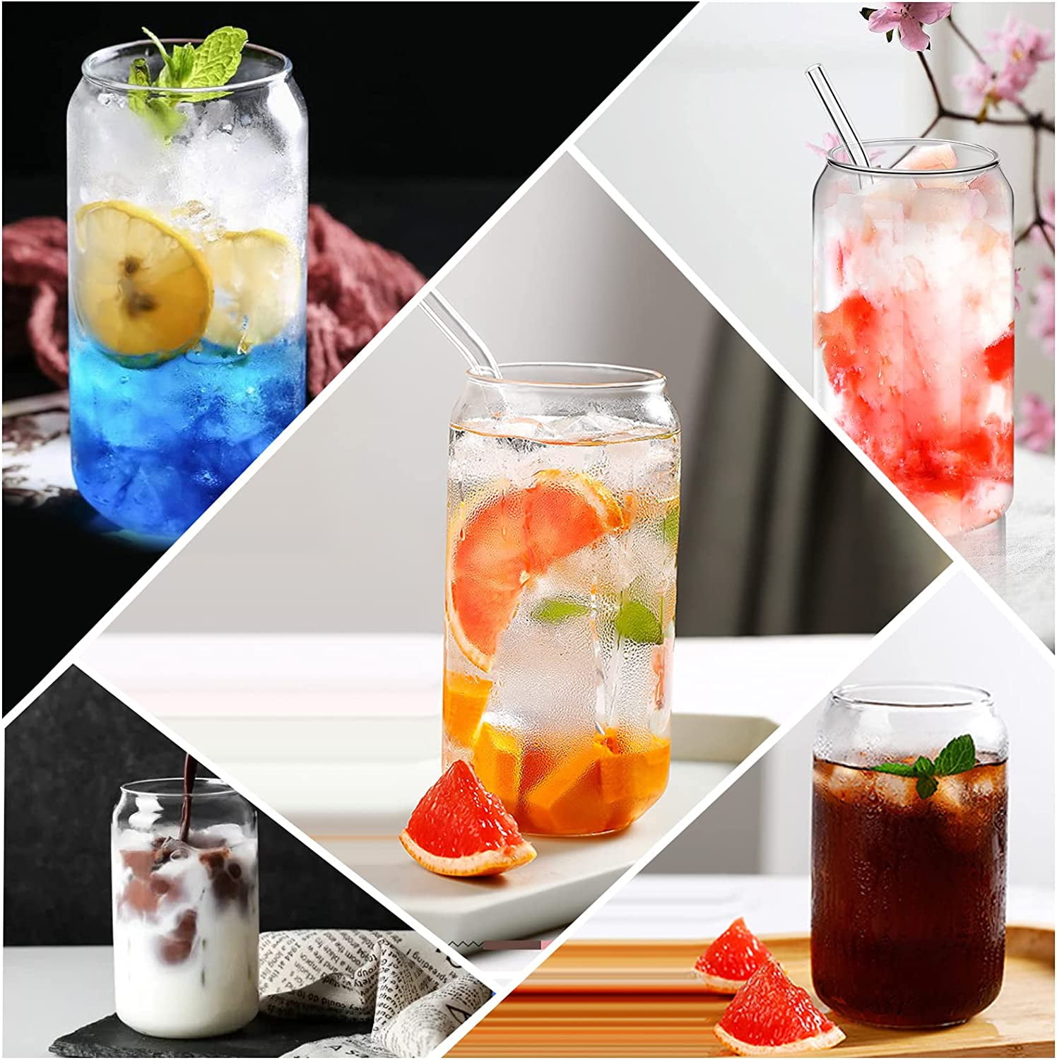 Drinking Glasses with Glass Straw 4pcs Set - 16oz Can Shaped Drinking Glass  Set, Iced Coffee Mug, Cu…See more Drinking Glasses with Glass Straw 4pcs