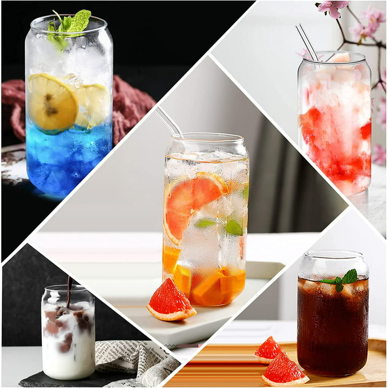 Drinking Glass with Bamboo Lids and Glass Straws 4 Packs,16 oz Can Shaped  Glass Cups,Glass Beer Can Cups with Lids for Iced  Coffee,Soda,Whiskey,Bubble
