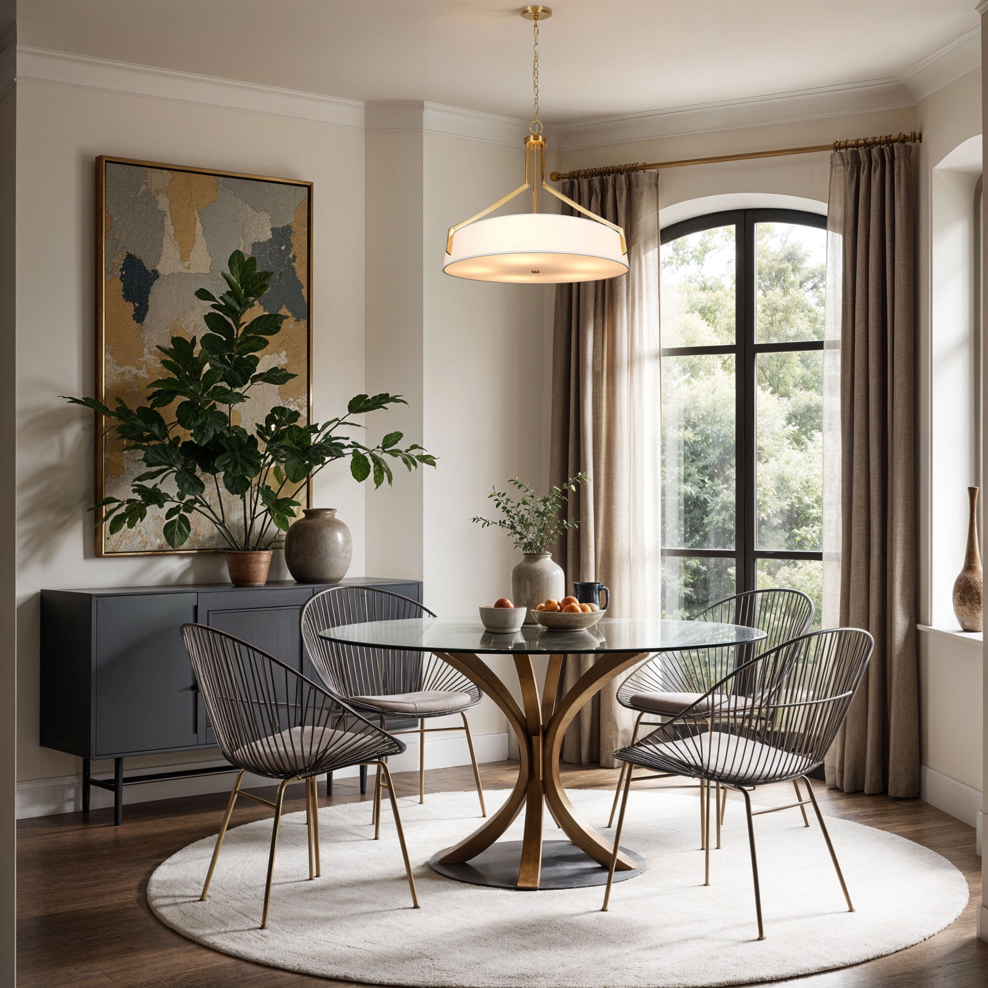 Kenroy Home Thayne 24'' Pendant Light Fixture with Off-White Fabric Drum Shade for Dining Room, Kitchen Table, Bathroom, Foyer, or Entryway, Brushed Gold