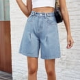 thumbnail image 4 of Pantalones cortos de mezclilla de talle alto hasta la rodilla for mujer pantalones cortos de cintura ajustable pantalones cortos de mezclilla largos Bermudas for niñas, 4 of 7