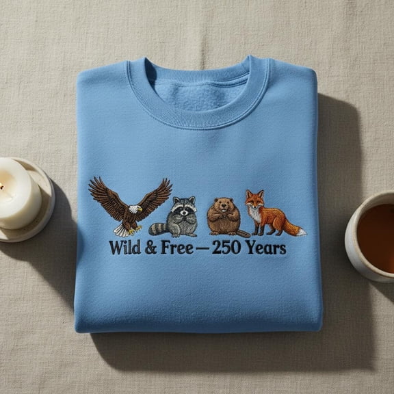 Wild & Free 250 Years embroidered sweatshirt, Eagle Raccoon Beaver Fox Crewneck, American Wildlife Patriotic Anniversary Gift