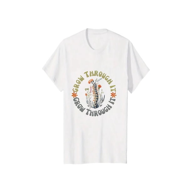 Camiseta con estampado floral y letras para mujer, suave, cuello redondo, manga corta, top informal versátil de verano, diseño moderno de doble cara