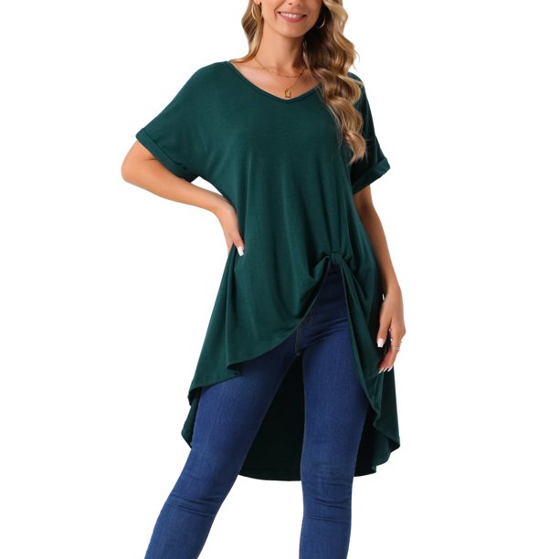 INSPIRAR CHIC Blusas de Mujer de Manga Corta Asimétricas con Nudo en la Cintura, Top Elegante Casual, Talla XL, Verde Profundo