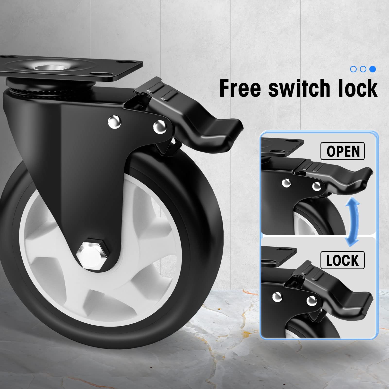 5" Caster Wheels Heavy Duty, ASHGOOB Casters Set of 4 - Non-Marking Black Polyurethane Castors, Top Plate Swivel Wheels, Industrial Casters with Brake, Locking Casters for Furniture and Workbench