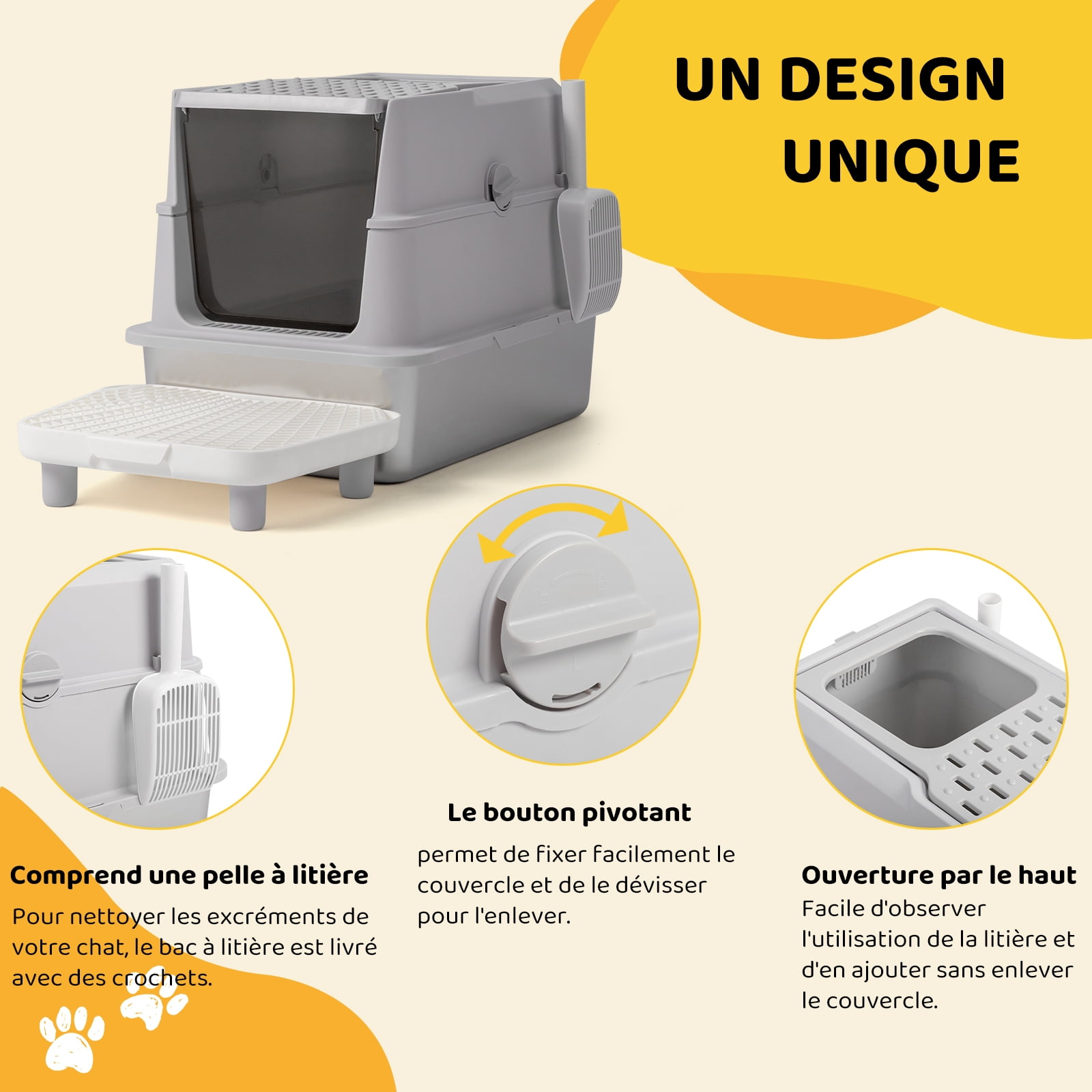 Ktaxon Enclosed Cat Litter Box - Stainless Steel Large (60x40x46cm) with Scoop & Mat, Odor Control, Grey