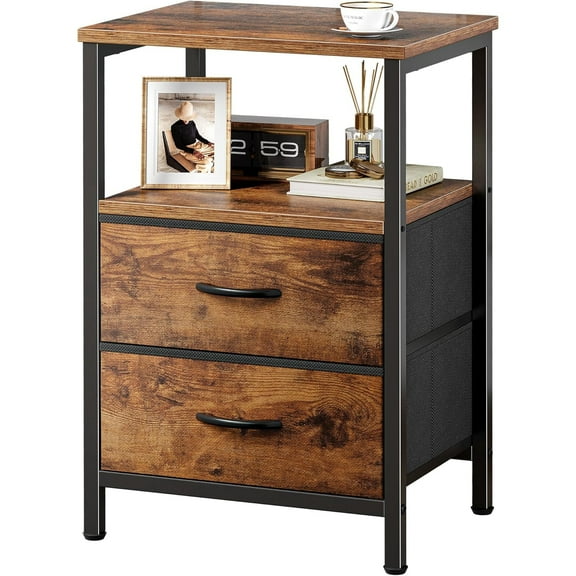 Night Stand with 2 Drawers, Bed Side Table with Open Shelf, Wooden Top, Nightstand for Bedroom, End Table for Small Space, Fabric Drawer, Rustic Brown