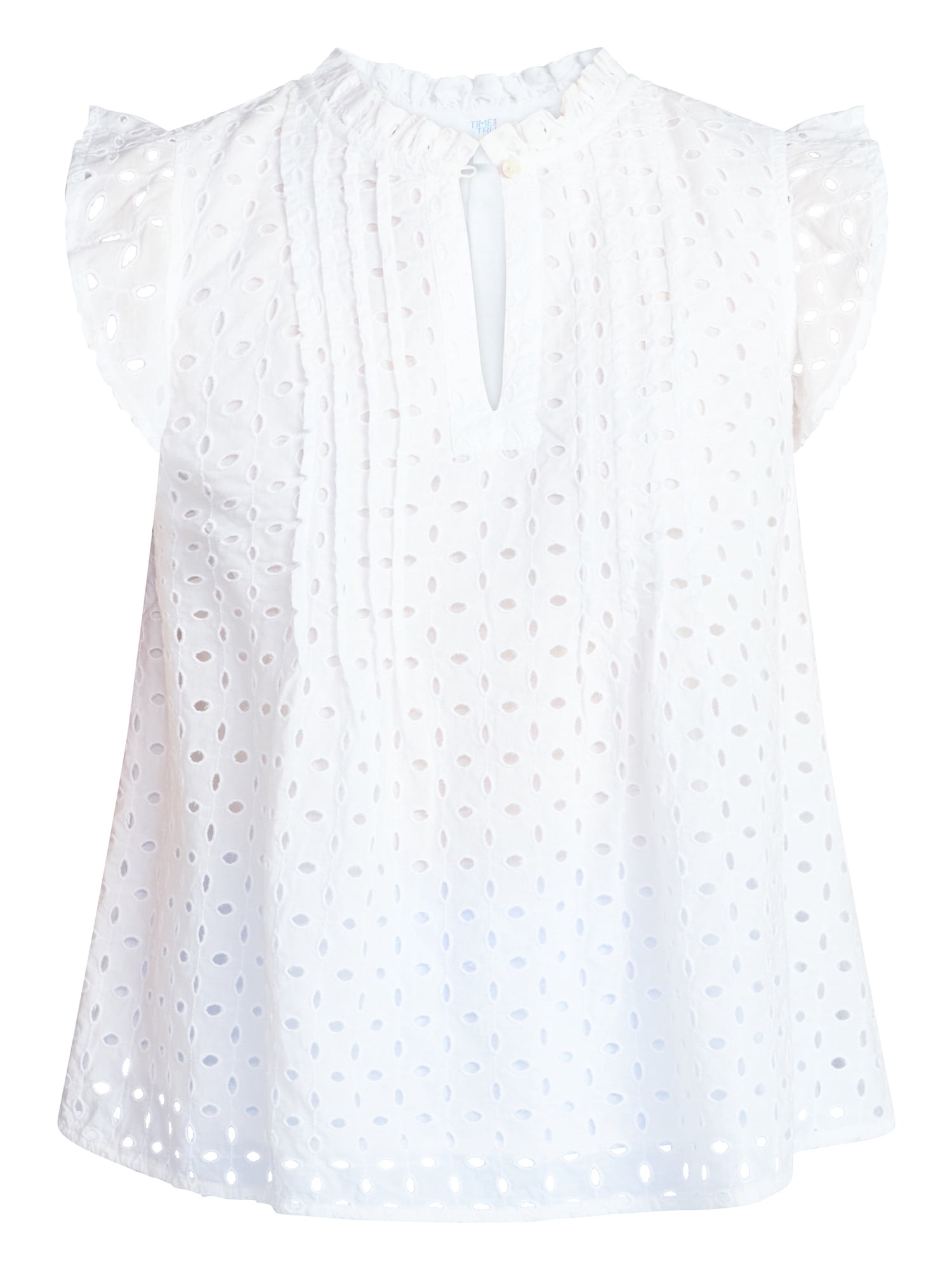 Time and Tru Women's Cotton Eyelet Top with Short Flutter Sleeves, Sizes XS-XXXL