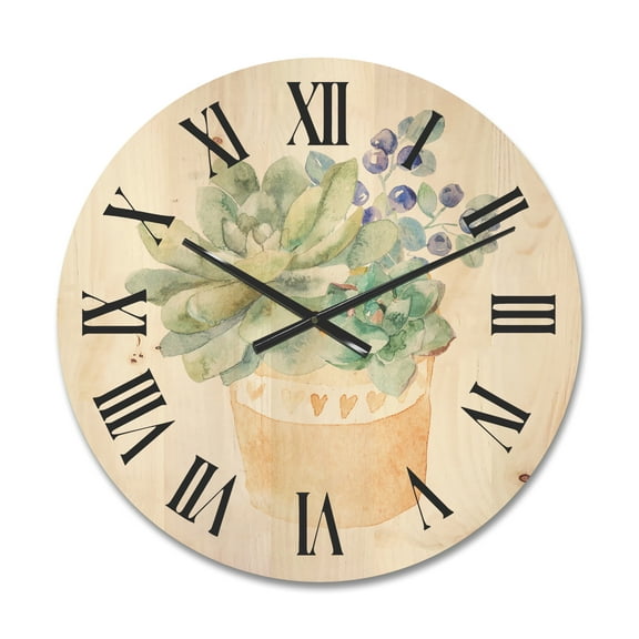 Designart 'Succulent Flower In Terracotta Clypot II' Traditional Wood Wall Clock