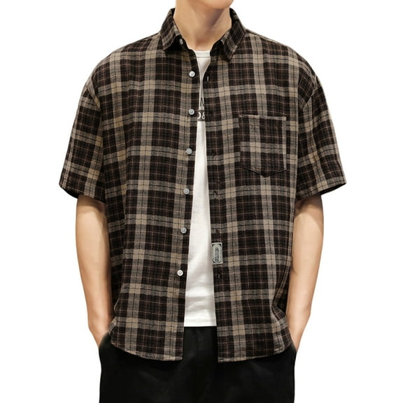 Plaid Shirts for Men Short Sleeve Shirt Casual Loose Fit Open Front Button Shirt for Summer Spring Brown L