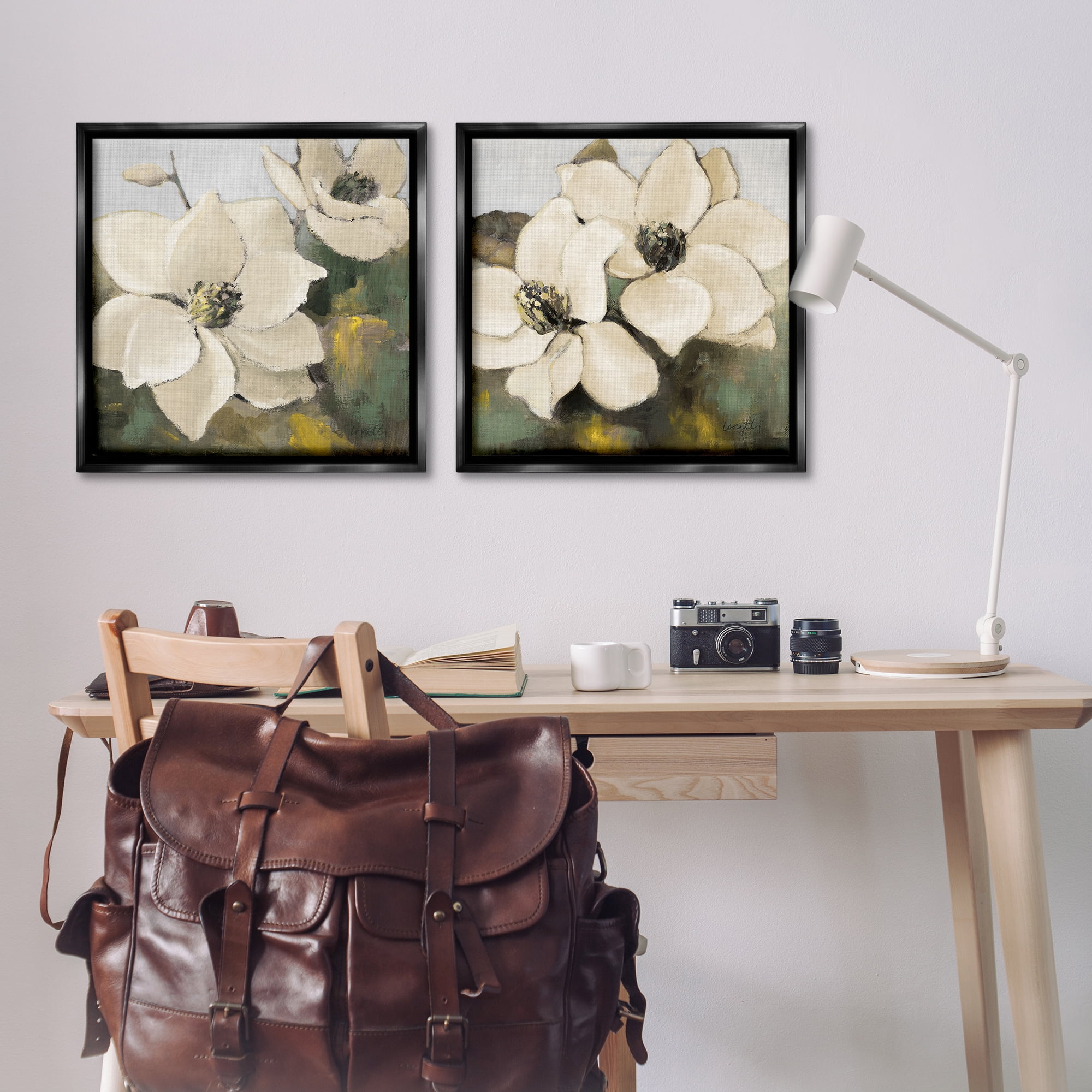 Stupell Industries Blooming Magnolia Blossom Plants & Flowers Painting Black Floater Framed Canvas Art Print Wall Art, 25 x 25, Set of 2