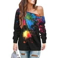 thumbnail image 1 of DYMADE Women's Colorful Splatter Paint Pattern Sloping Shoulder Long Sleeved Casual Top, 1 of 2