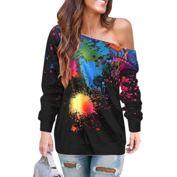 DYMADE Women's Colorful Splatter Paint Pattern Sloping Shoulder Long Sleeved Casual Top
