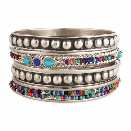 ZAD Silver And Multicolor Bead Bangles Set Of 9