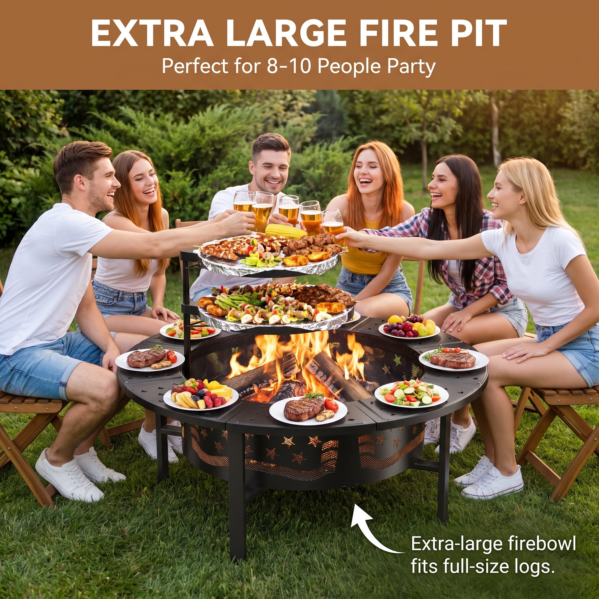 Prilinex 42" Fire Pit Outdoor with Poker, Large Round Fire Pits for Outside with 2 Adjustable Grills, Lid for Patio Backyard BBQ