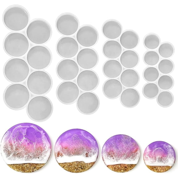 4 Pack Epoxy Resin Molds, 32-Cavity 2'', 1.75'', 1.5'', 1.25'' Circle Grip Mold, Magnet Mold, Round Keychain Silicone Mold for Resin (No Hole)