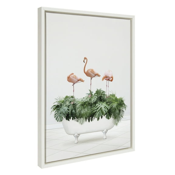 Kate and Laurel Sylvie 3 Flamingos In Vintage Bathtub Framed Canvas Wall Art by Amy Peterson Art Studio, 18x24 White, Whimsical Animal Art, Bathroom Décor