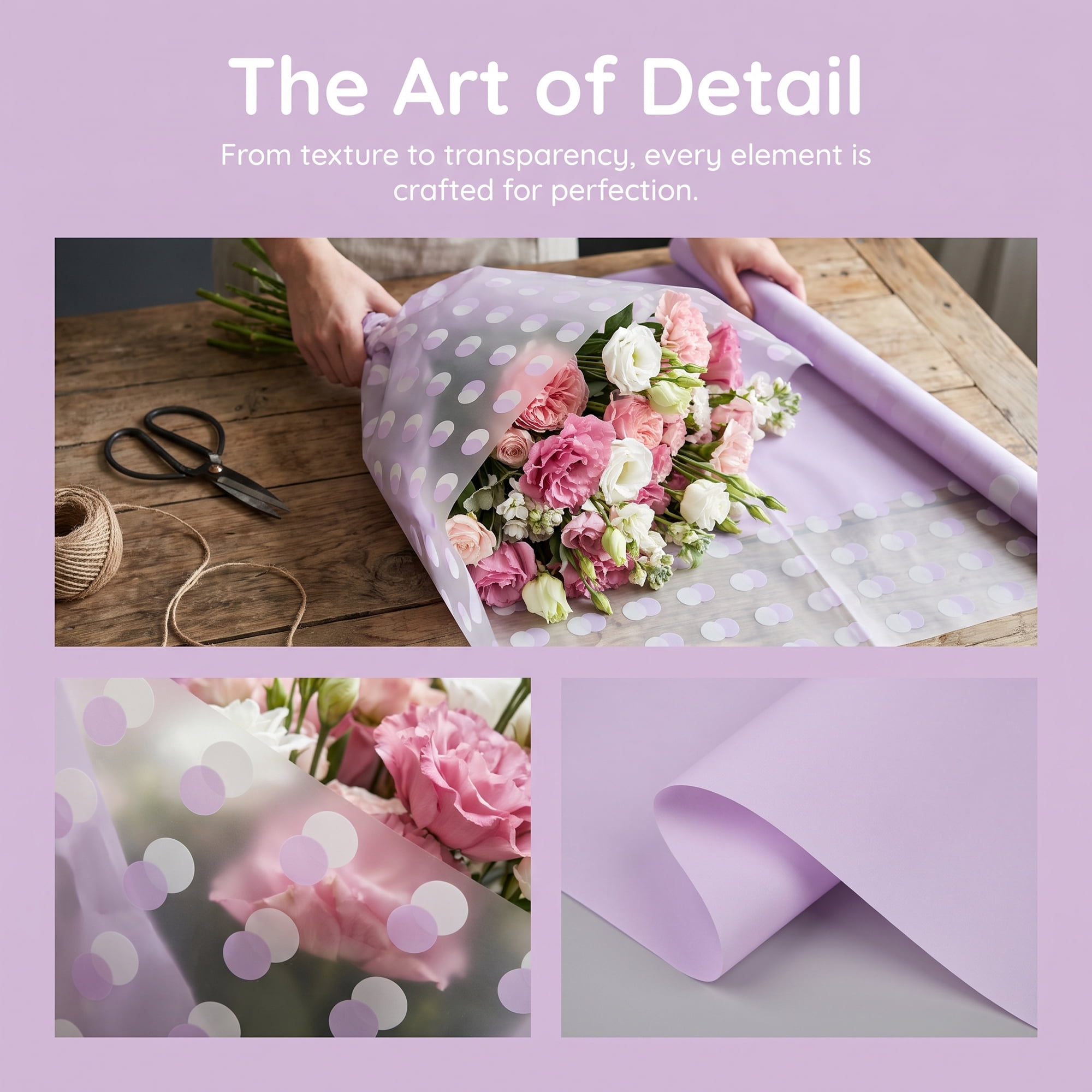 Unique Bargains Polka Dot Waterproof Flower Wrapping Paper Sheets Purple 22.4"x 22.4"