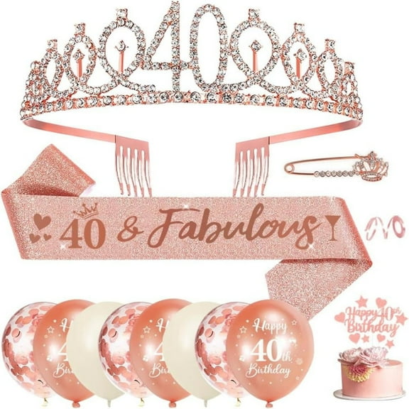 Birthday Crown Sash Women,Rose Gold Birthday Crown Tiara Rhinestone Headband Rose Gold Balloons Cake Topper for 40th Birthday Party Decorations Women Girls