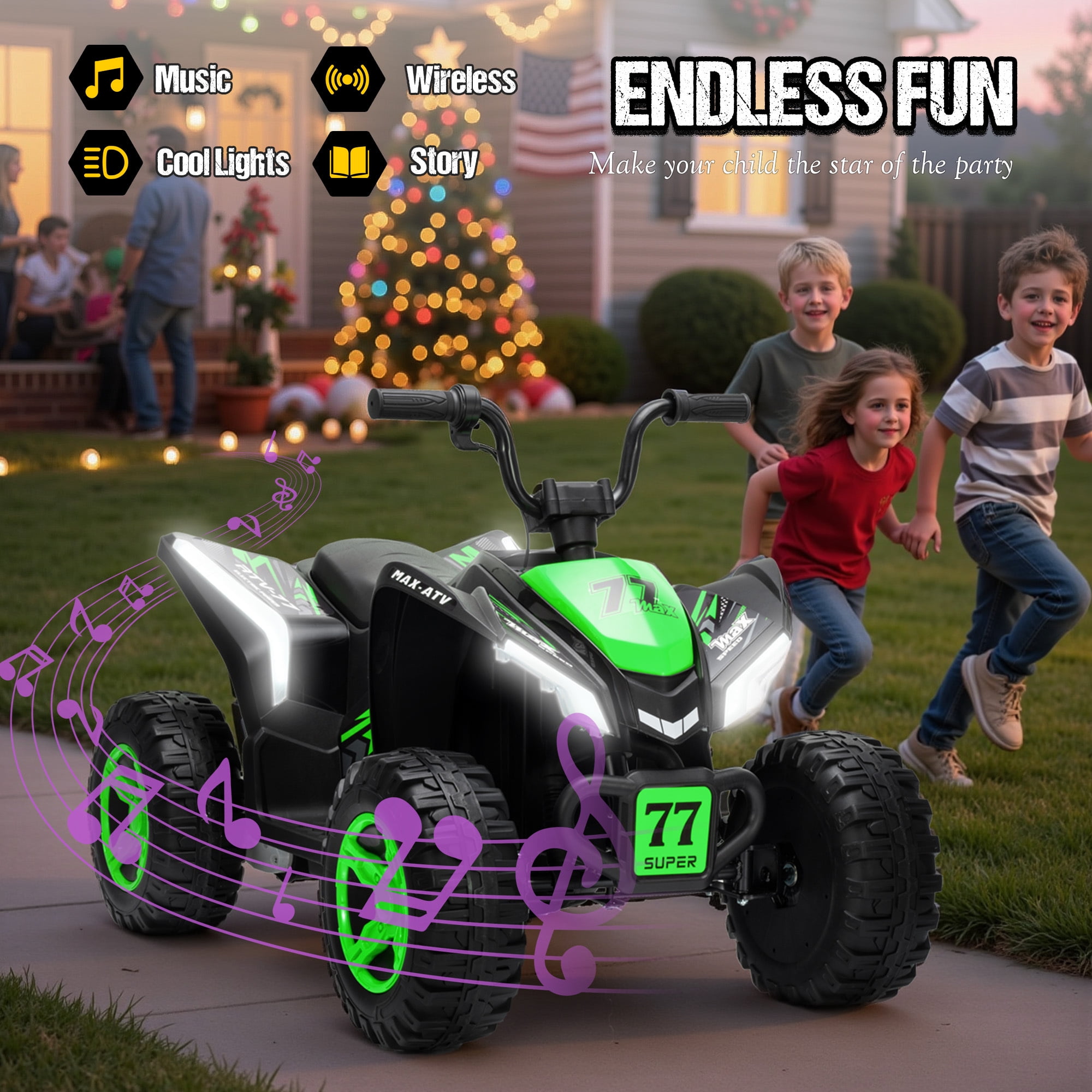Kids ATV 4 Wheeler, Two Seater 24V Ride On Toy for Big Kid w/Unique LED Light, Music, Wireless, Story, 24 Volt Ride on Car Electric Quad for Boys Girls, Green