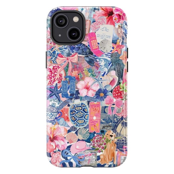 Kawaii Aesthetic Collage Phone Case, Pastel Pink Blue Floral and Dog Design Protective Cover for iPhone 16 15 14 13 12 11 Pro Max Plus Mini