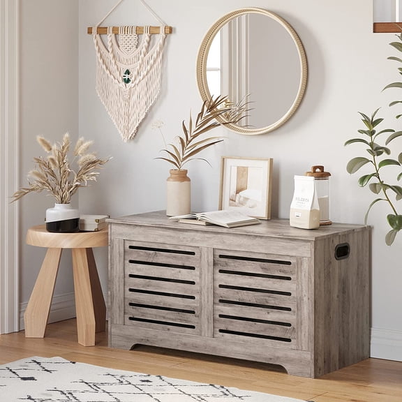 Storage Chest, Flip-Top Wooden Toy Box with 2 Safety Hinges, Retro Entryway Shoe Storage , Sturdy Large Storage Trunk for Living Room, Bedroom, Easy Assembly, Greige