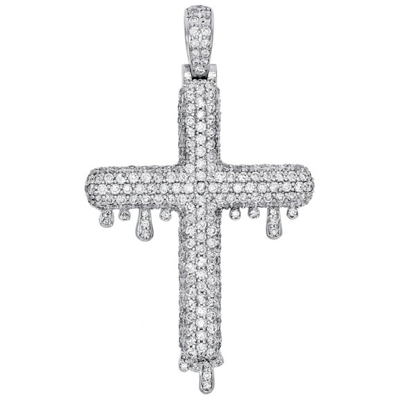 10K White Gold Genuine Round Diamond Drip Cross Pendant Mens 2" Charm 3.82 CT.
