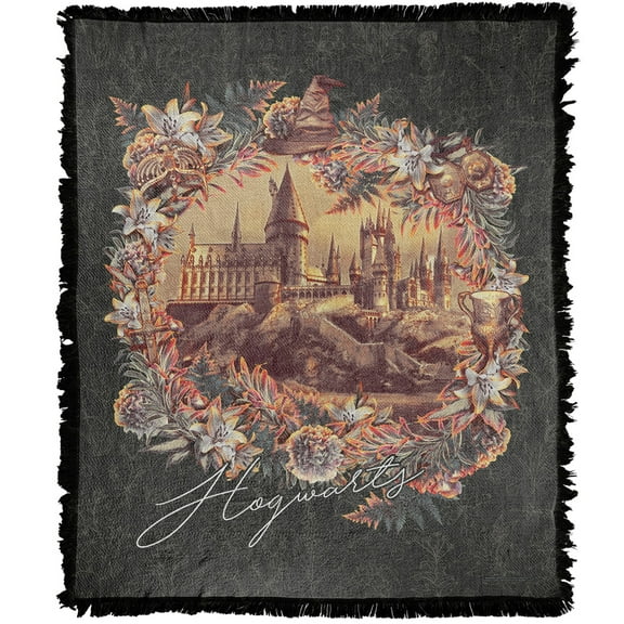 Harry Potter Blanket, 50"x60" Floral Lines Hogwarts Woven Tapestry Cotton Blend Fringed Throw Blanket