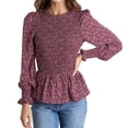 thumbnail image 2 of IROINNID Ladies Long Sleeve T Shirts Round- Neck Floral Print Elastic Waist Pleated Bell Sleeves Lace Lap Long Sleeve Tops,Red, 2 of 9